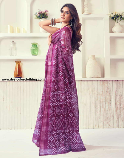 Wine Printed Cotton Bandhani Saree
