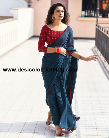 Dark Rama Blue Plain Georgette Saree
