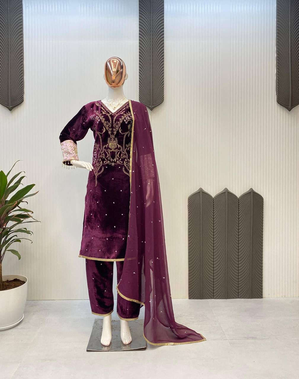 Product Image - Designer Velvet Sequence Embroidery Suit with Dupatta