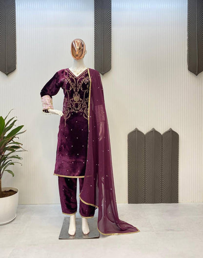 Product Image - Designer Velvet Sequence Embroidery Suit with Dupatta