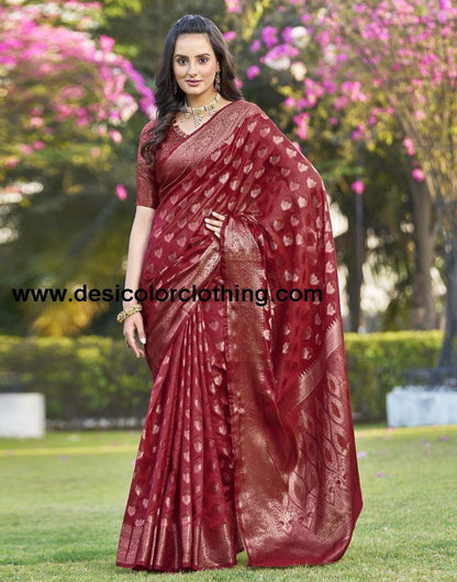 Red Organza Plain Saree