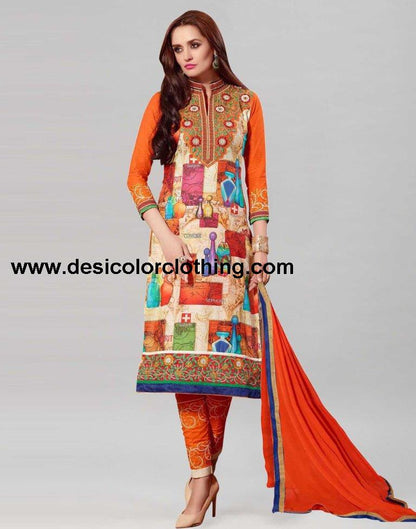 Orange Cotton Printed Embroidered Unstitched Salwar Suit