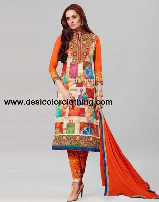 Orange Cotton Printed Embroidered Unstitched Salwar Suit