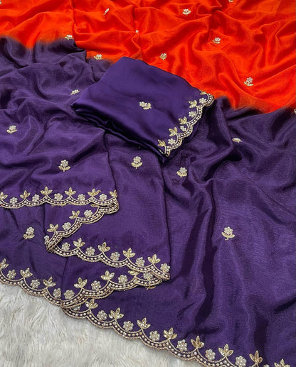Product Image - Designer Chinnon Saree with Embroidery and Moti Work