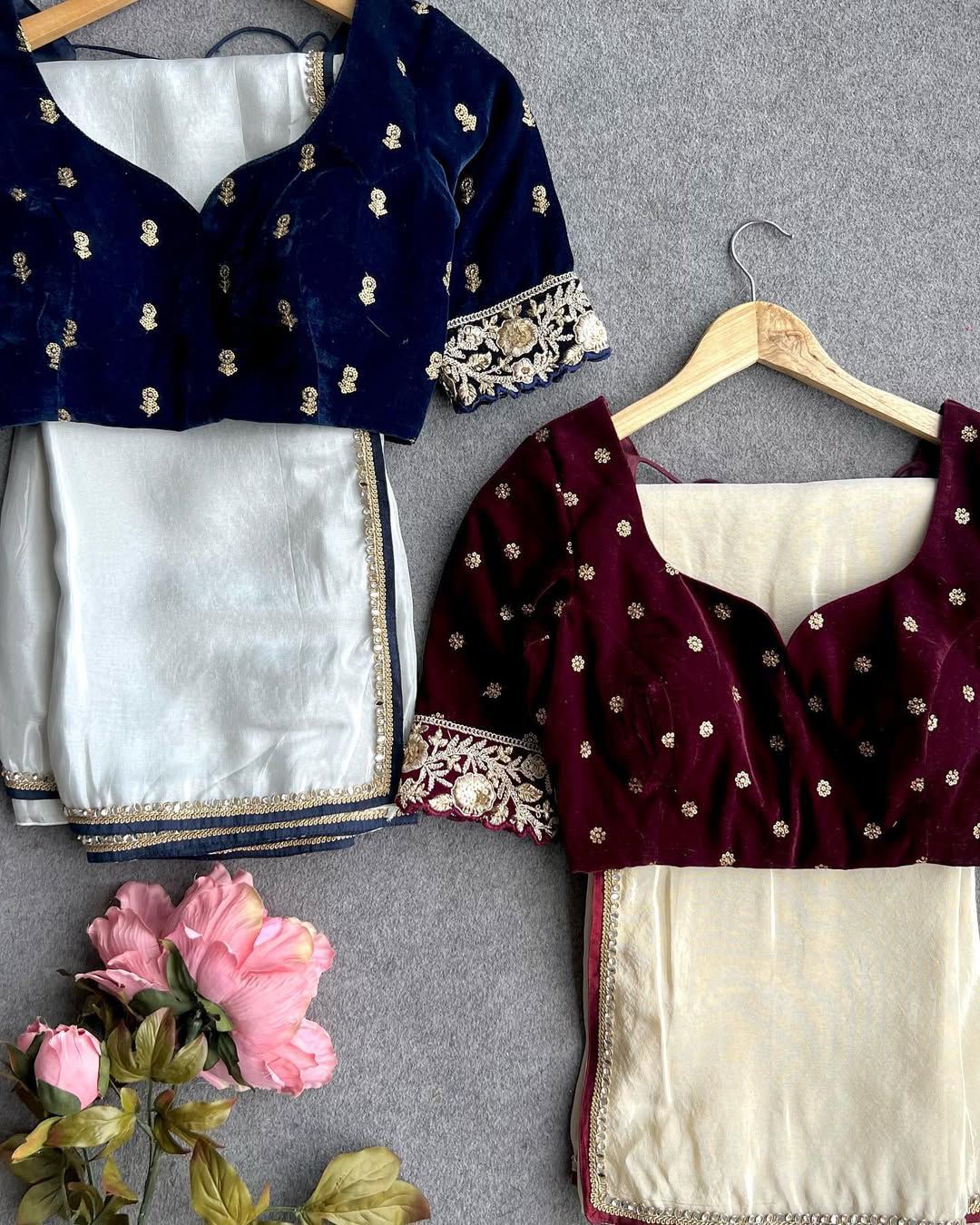 Product Image - Designer Mirror Lace Saree with Velvet Embroidery Blouse