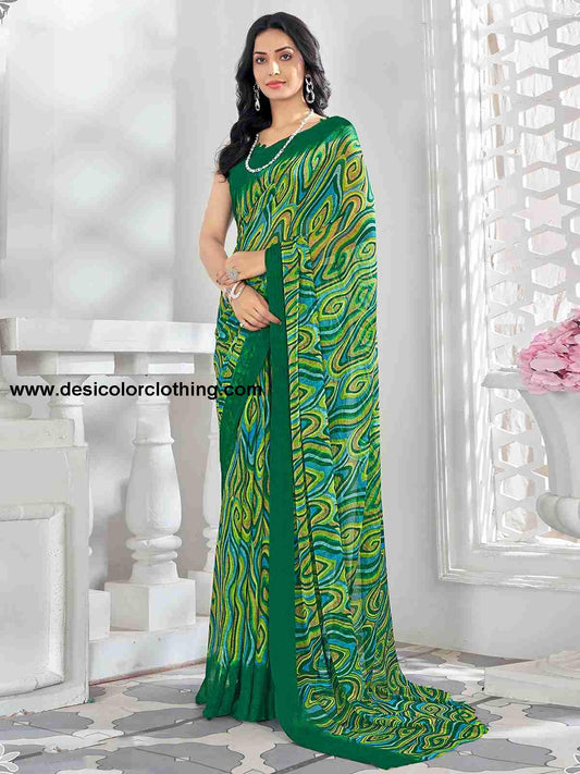 Green Chiffon Printed Saree
