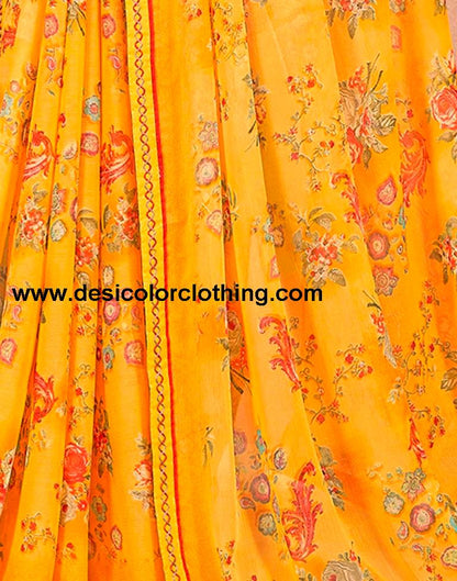 Yellow Chiffon Printed Saree