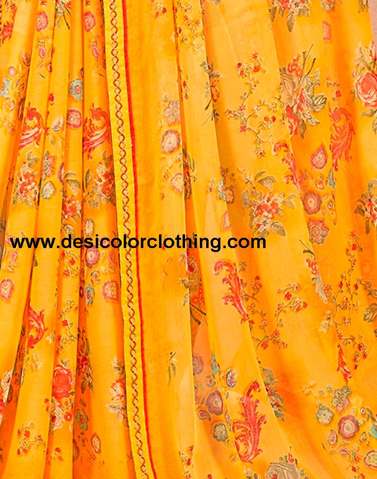 Yellow Chiffon Printed Saree