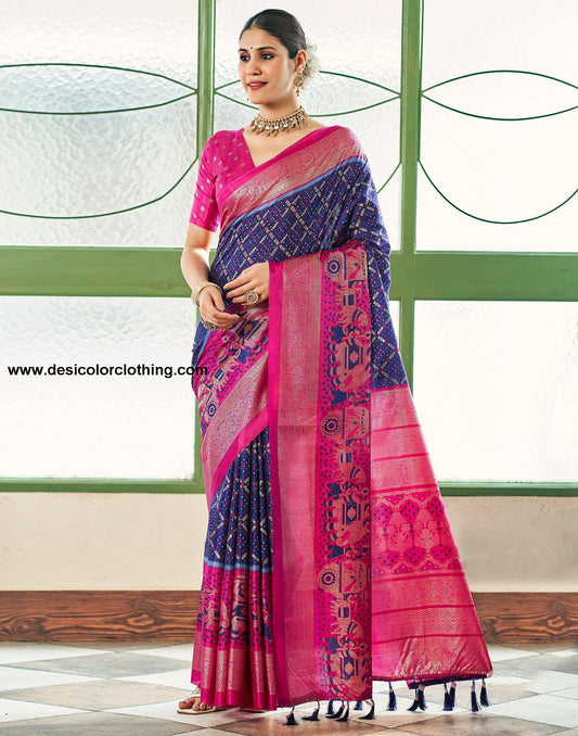 Dark Blue Silk Printed Saree