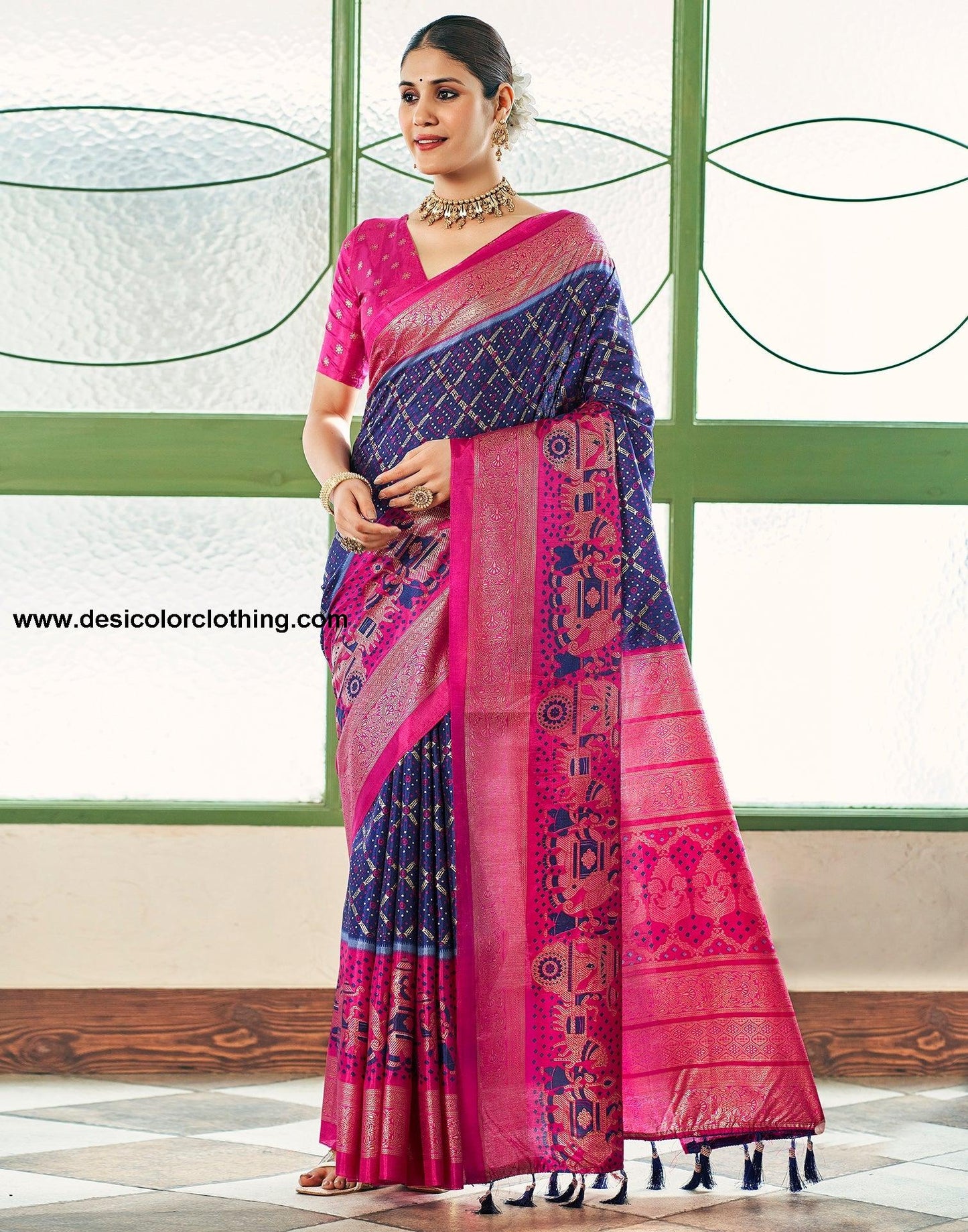 Dark Blue Silk Printed Saree