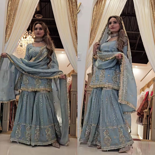 Product Image - Exclusive Designer Suit with Embroidered Chinon Silk
