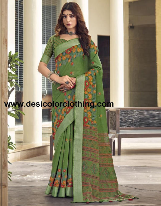 Olive Green Cotton Zari Saree