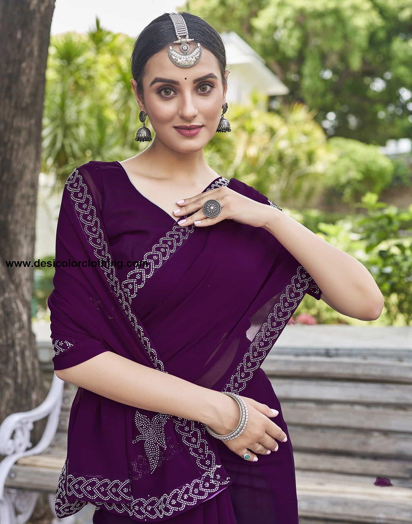 Purple Swarovski Georgette Stone Work Saree