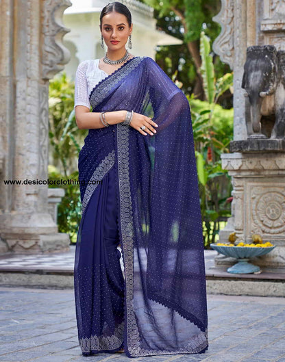 Blue Swarovski Georgette Stone Work Saree