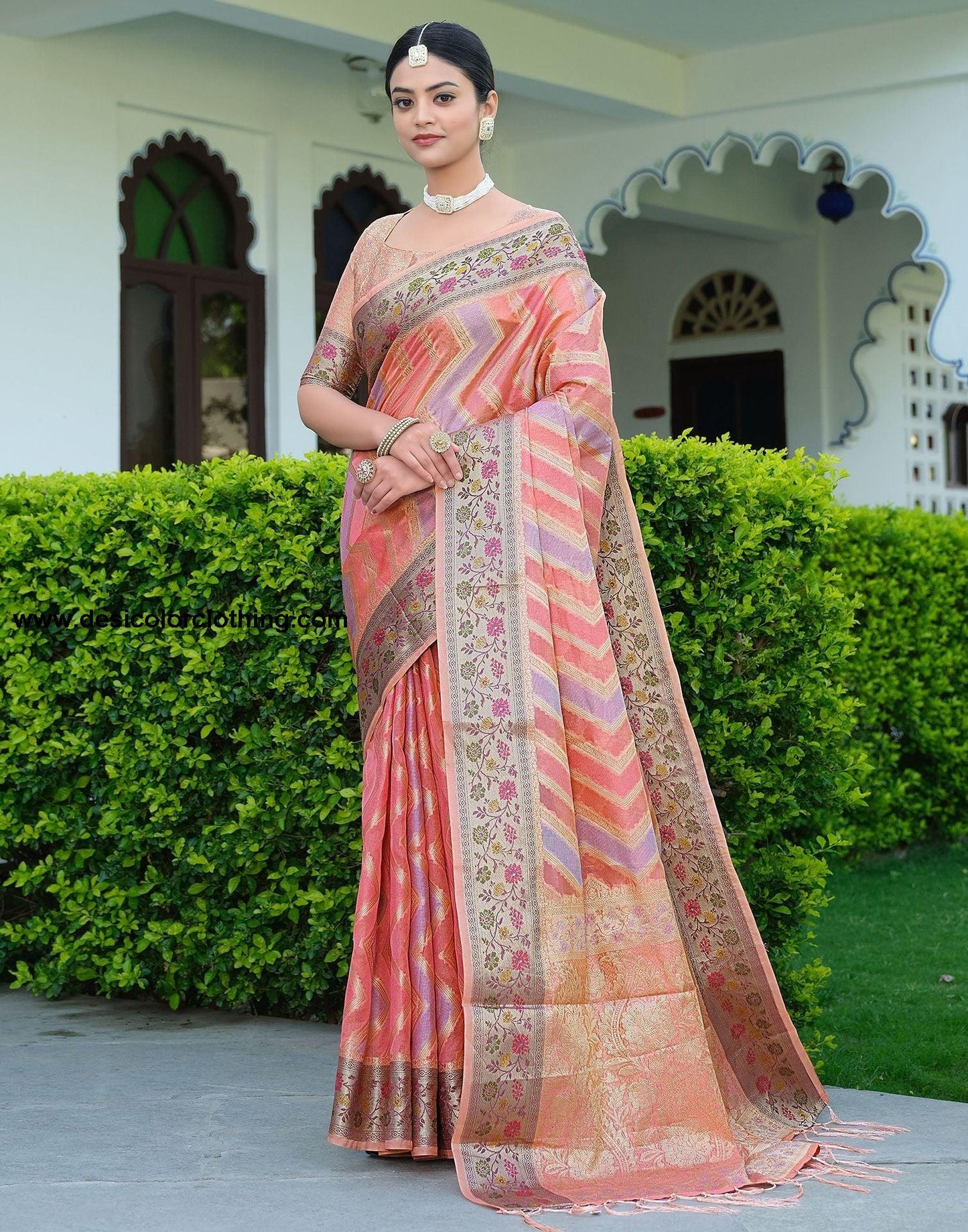 Pink Woven Banarasi Organza Saree