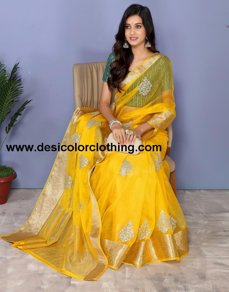 Yellow Organza Embroidery Saree