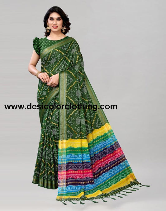 Green Coloured Cotton Bandhani Printed Saree