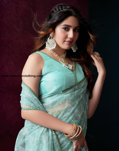 Blue Net Plain Saree