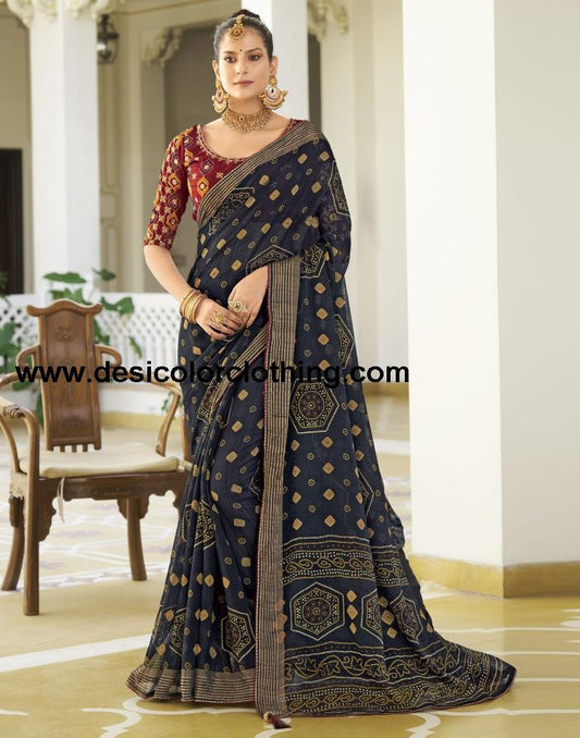 Dark Navy Blue Chiffon Bandhani Saree