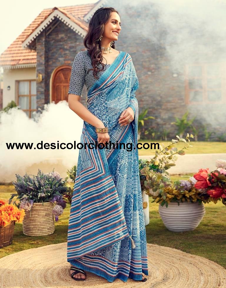 Blue Cotton Printed Ready To Wear