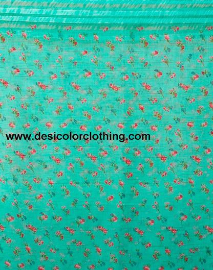 Turquoise Cotton Printed  Saree