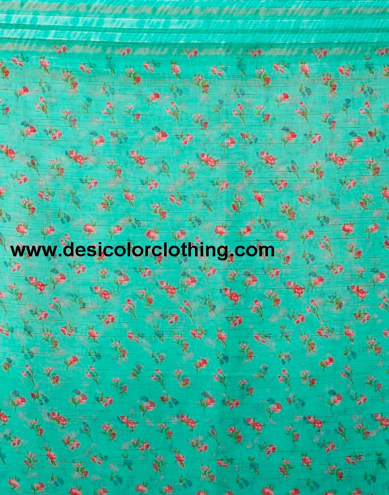 Turquoise Cotton Printed  Saree