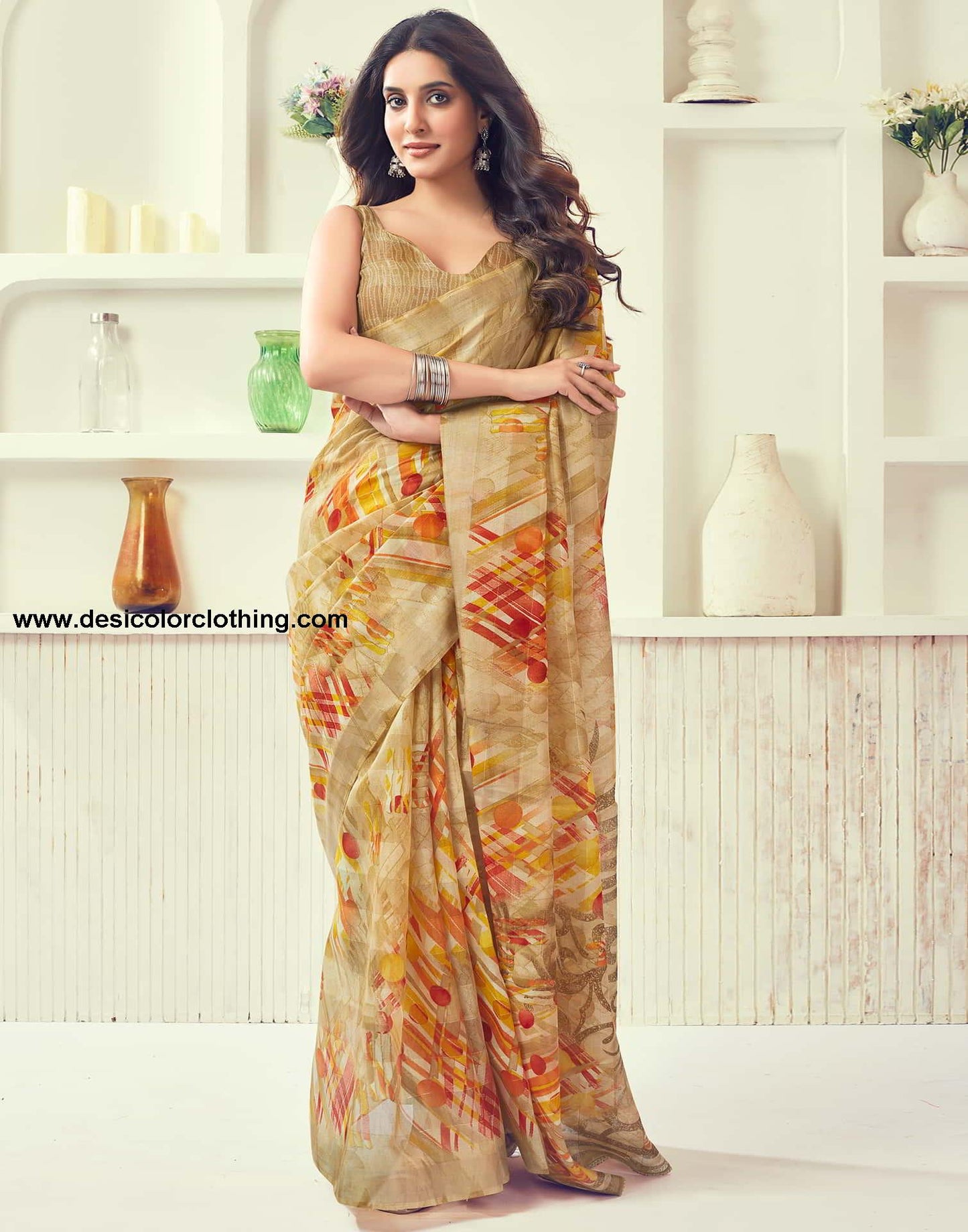 Beige Printed Cotton Geometric Saree
