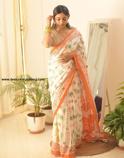 White Printed Cotton Pre-Draped Saree