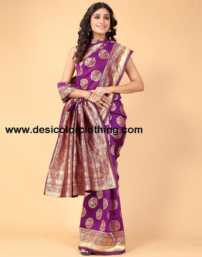 Magenta And Golden Silk Saree