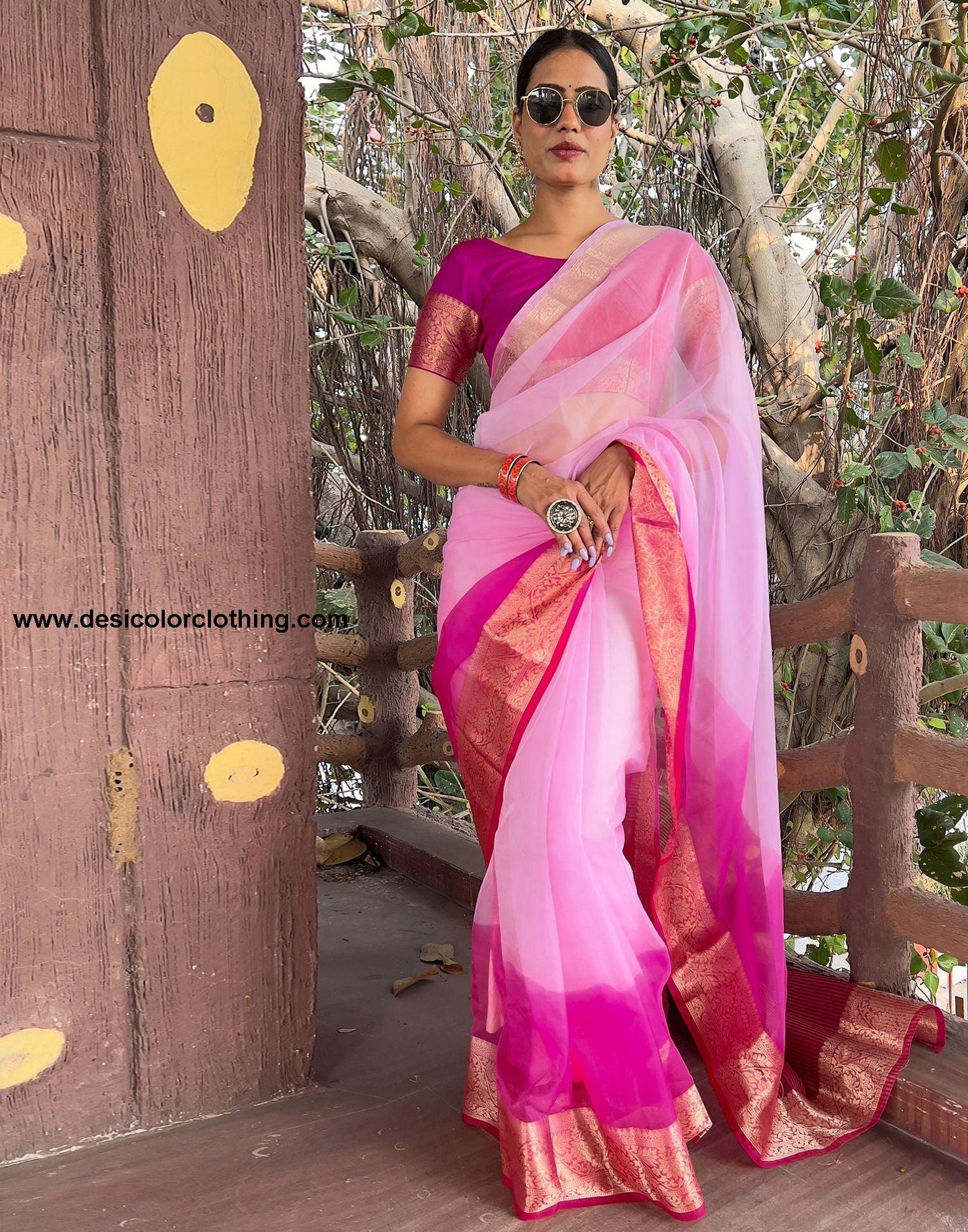 Dark Pink Plain Organza Saree
