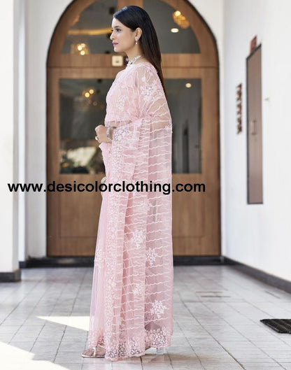 Rose Pink Plain Net Saree