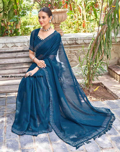 Blue Swarovski Chiffon Stone Work Saree
