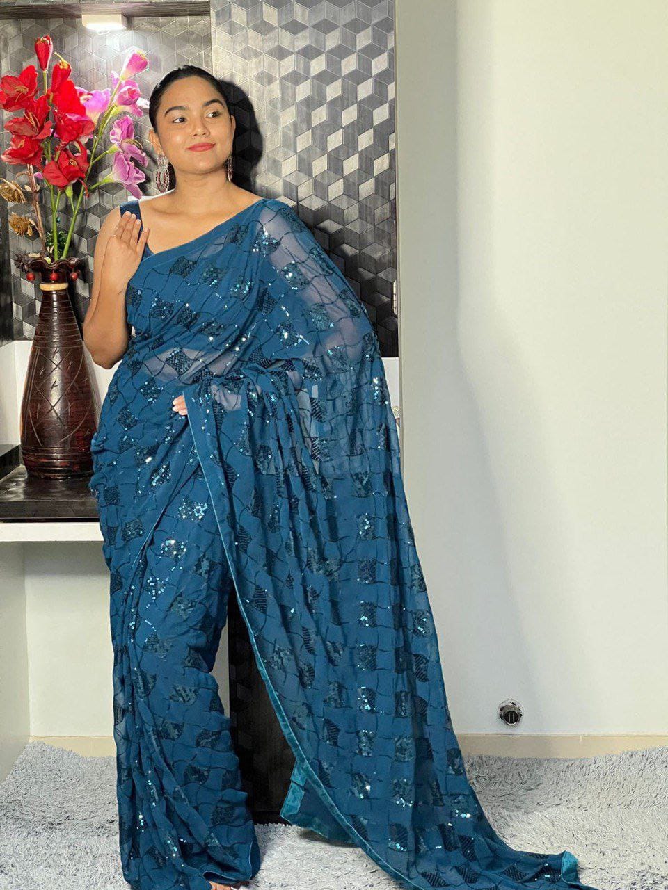 Product Image - Designer Georgette Sequence Saree | Elegant Ethnic Wear for Festive & Wedding Occasions