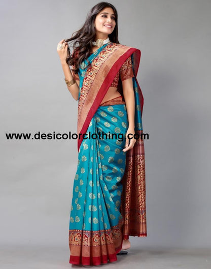 Rama Blue Printed Silk Saree