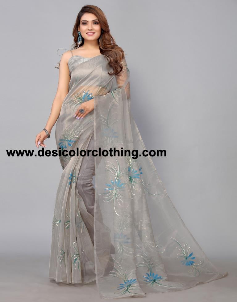 Stone Grey Organza Saree