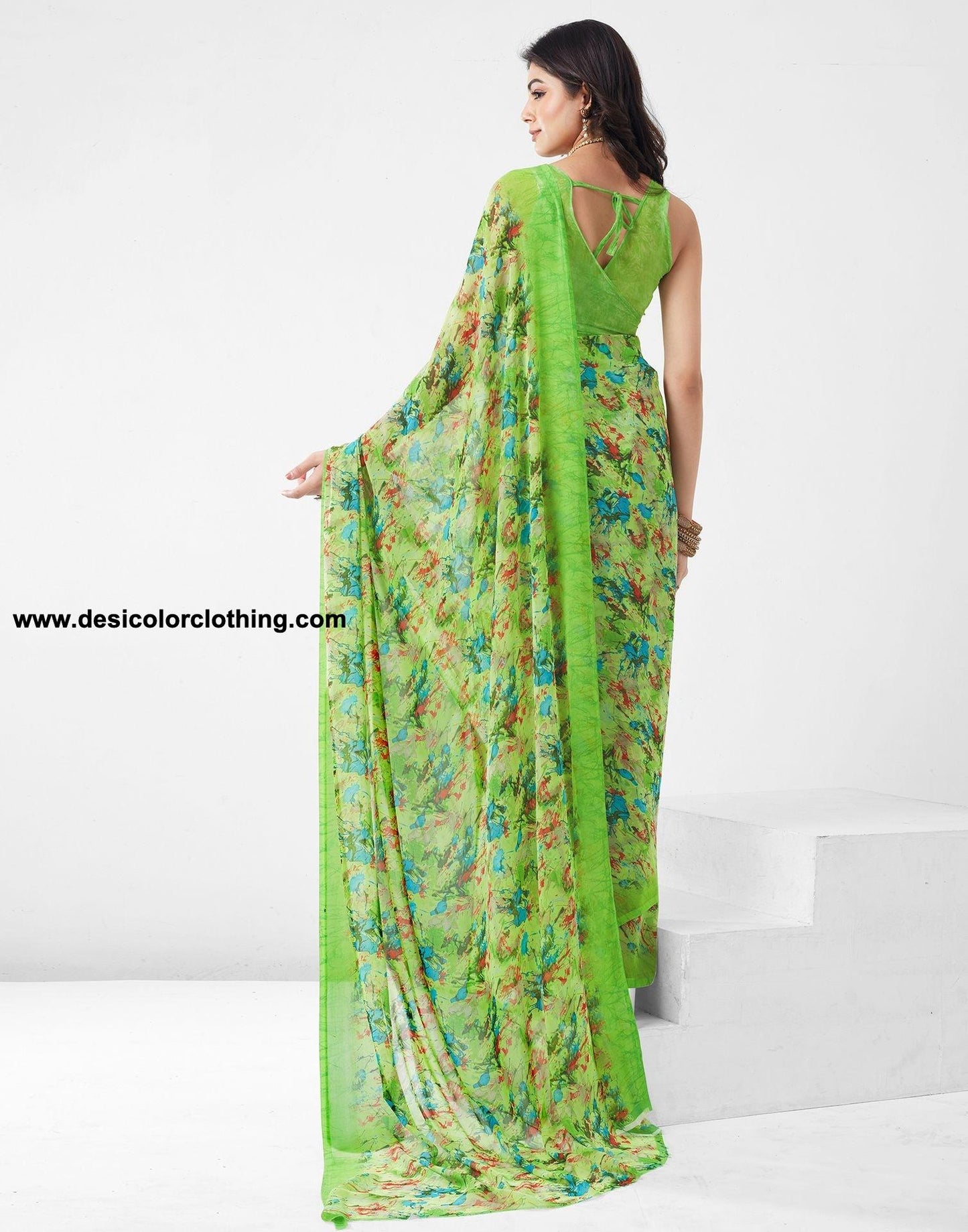 Parrot Green Printed Georgette Saree