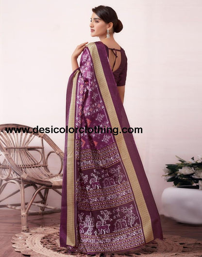 Deep Purple Silk Printed  Saree