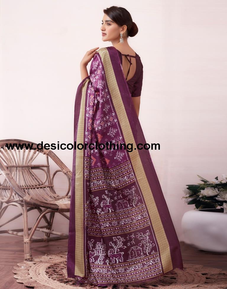 Deep Purple Silk Printed  Saree