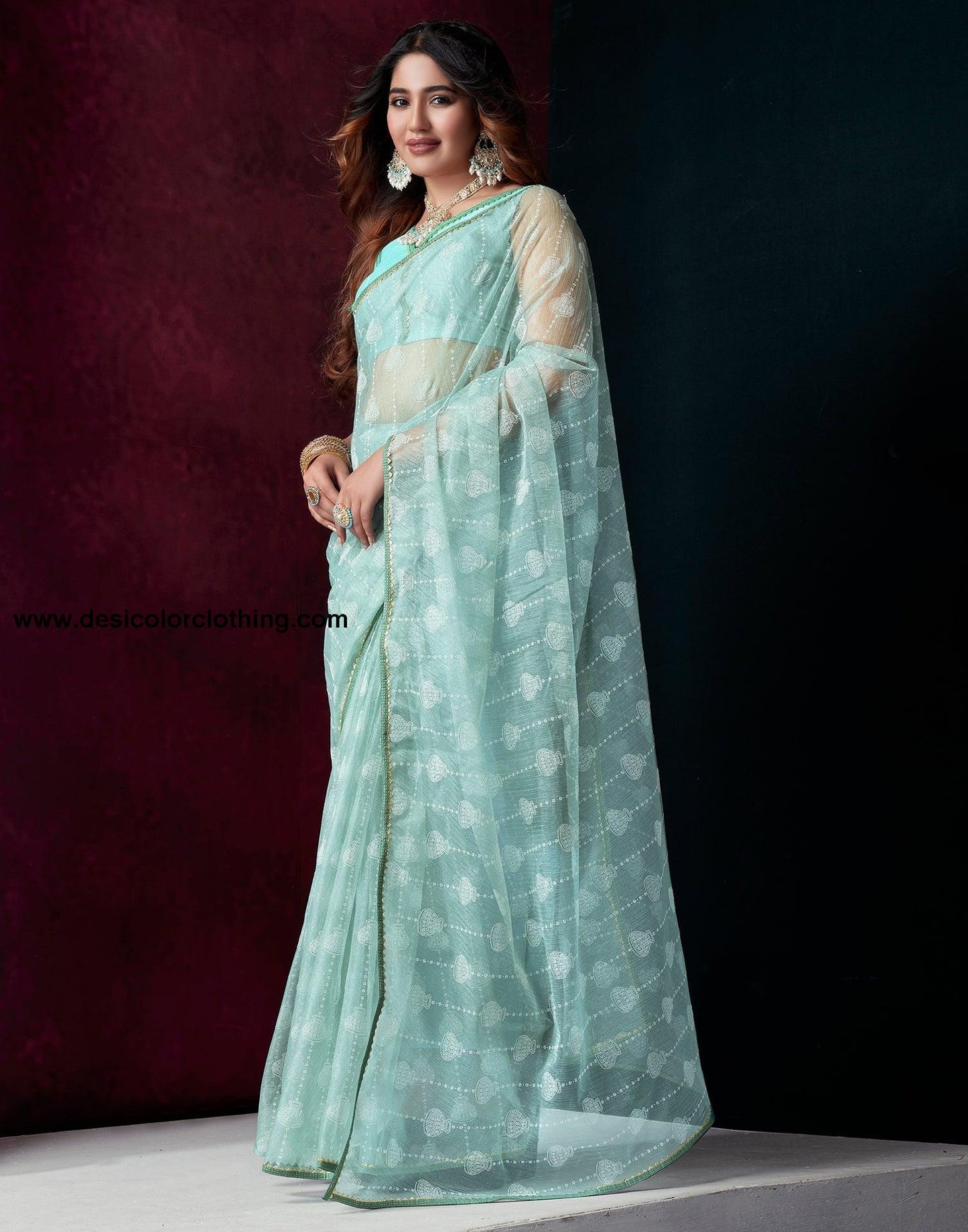 Blue Net Plain Saree