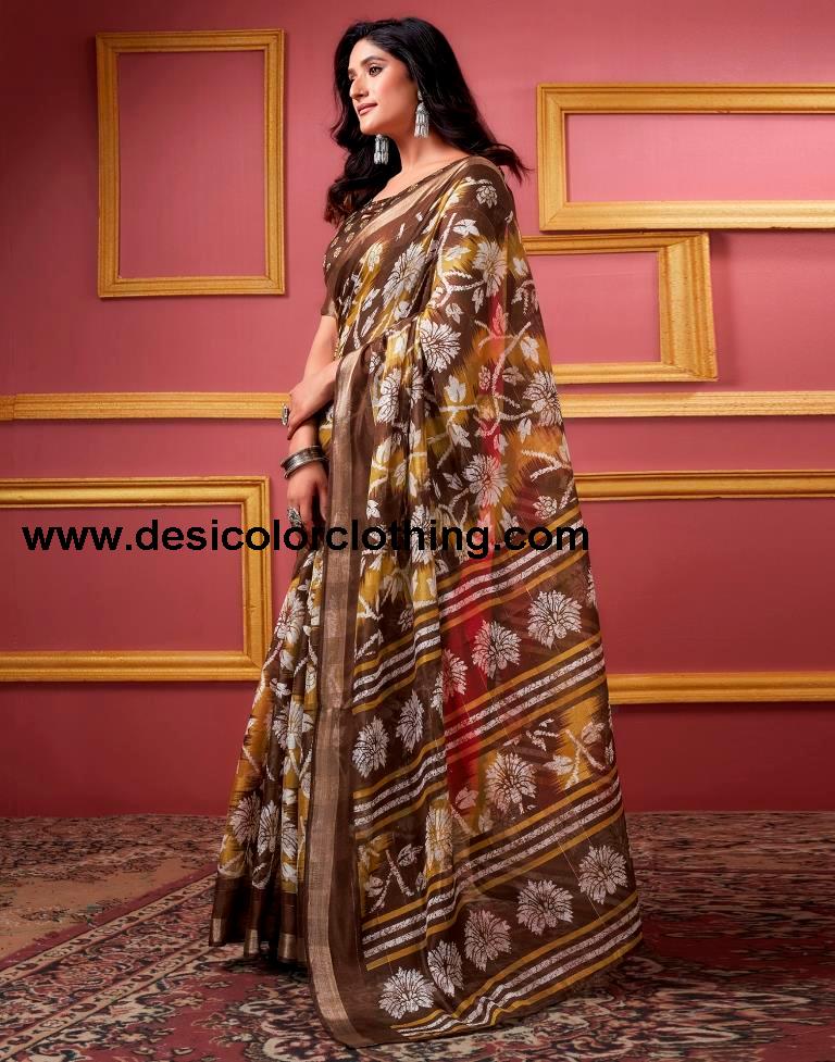 Brown Cotton Zari Saree