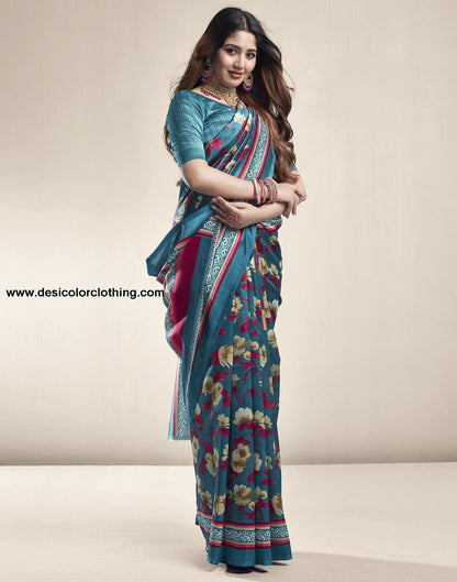 Rama Green Printed Silk Saree