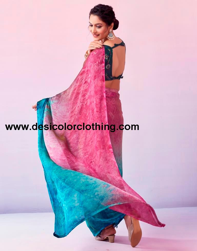 Blue Chiffon Printed Ready to Wear Saree