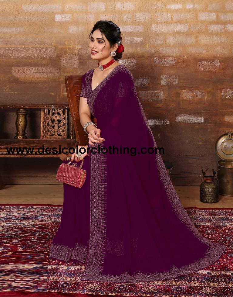 Wine Plain Georgette Saree