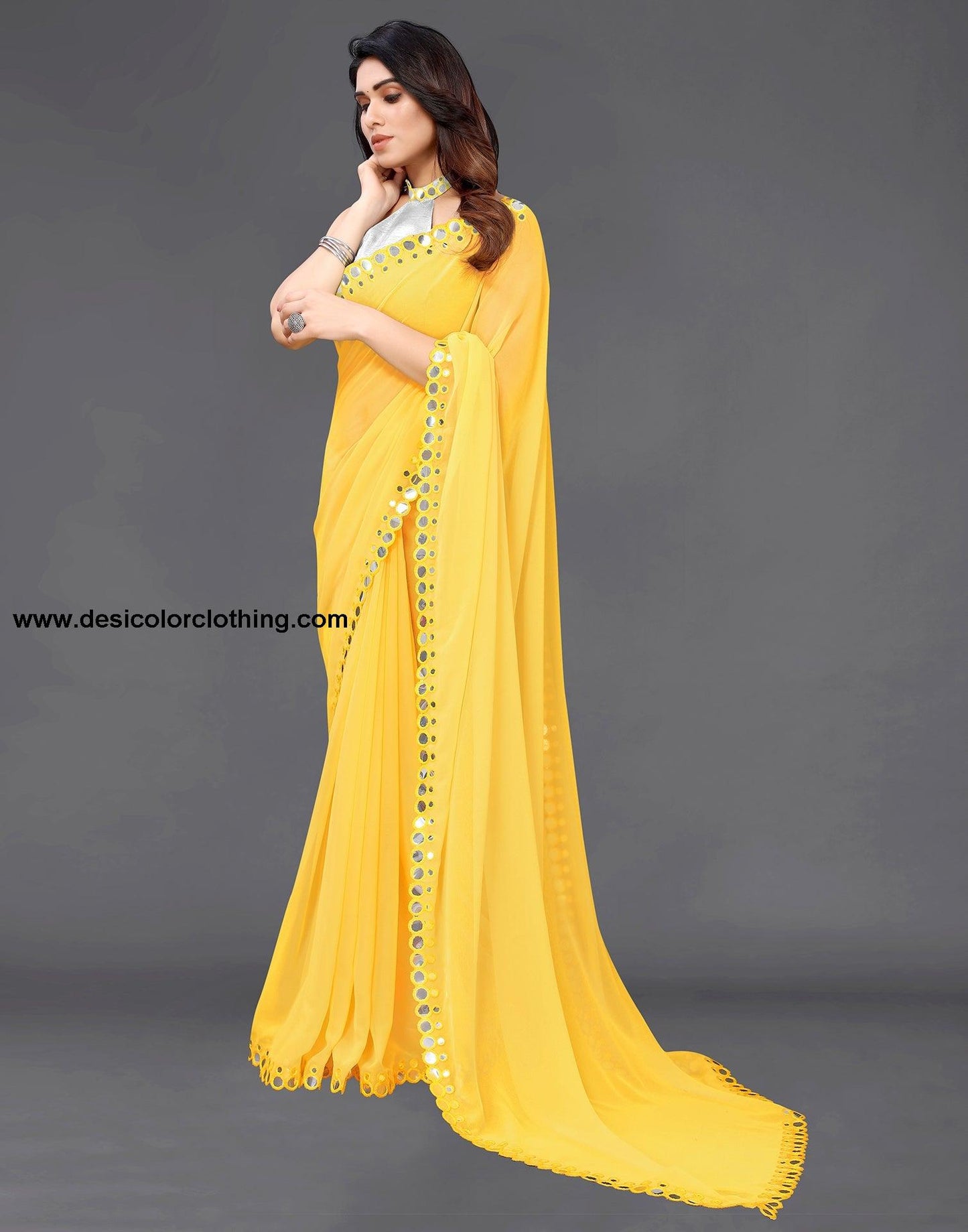 Yellow Georgette Mirror Work Saree