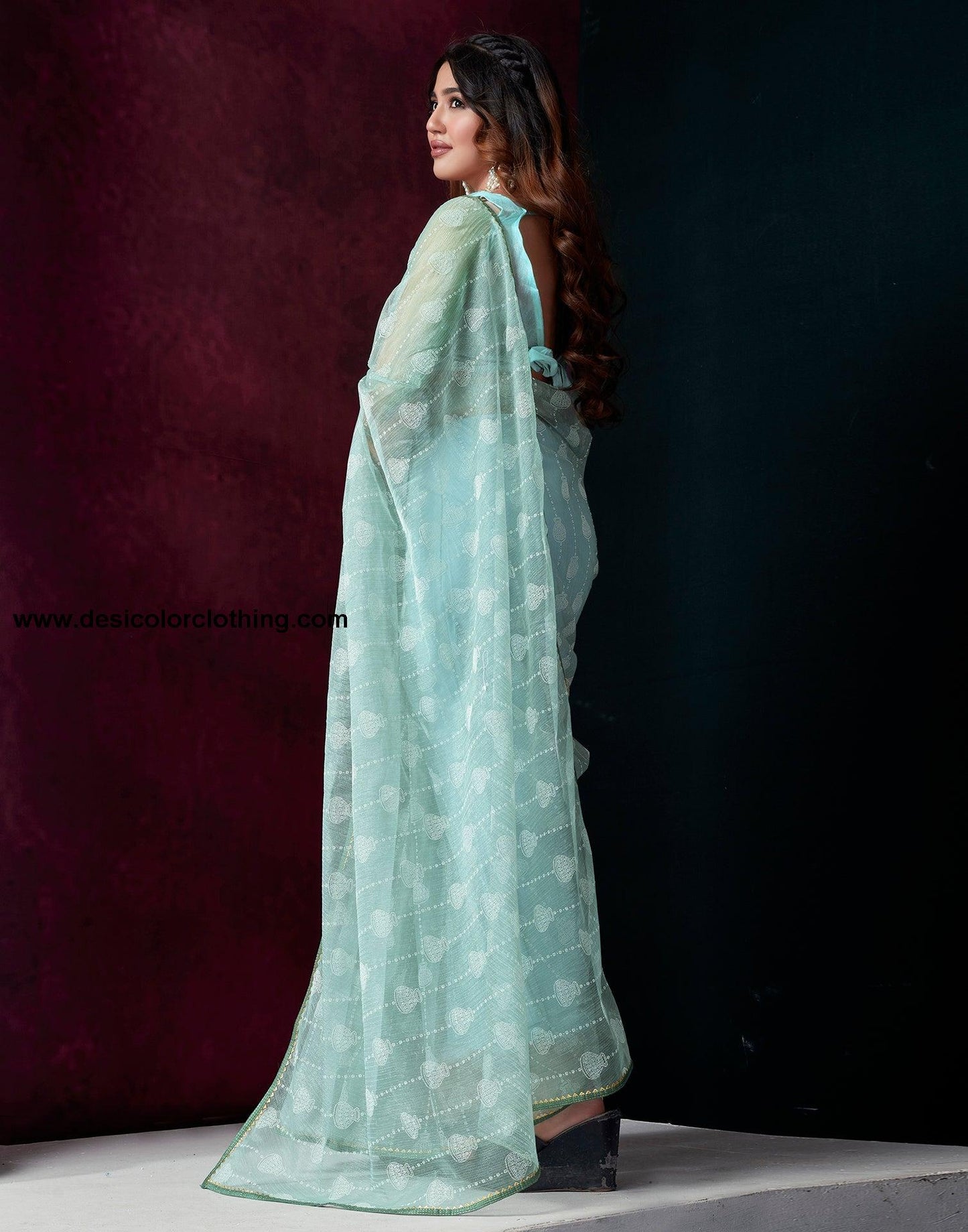 Blue Net Plain Saree