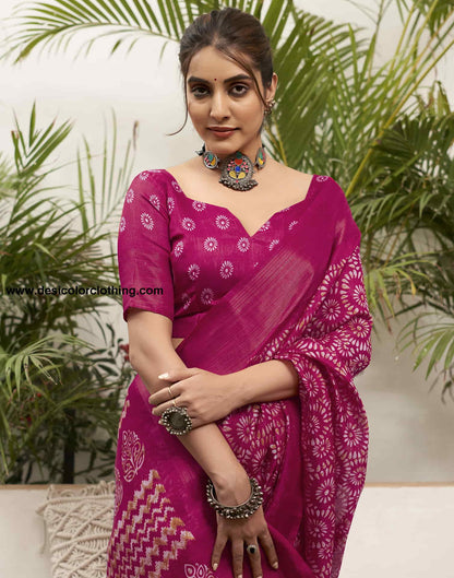 Rani Pink Cotton Printed Saree