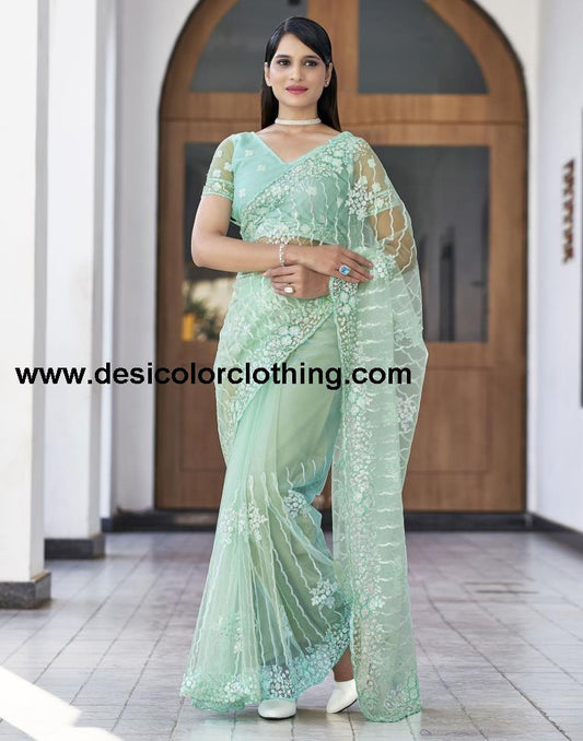 Pista Green  Plain Net Saree