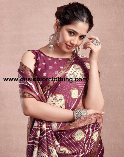 Dusty Maroon Silk Printed Saree