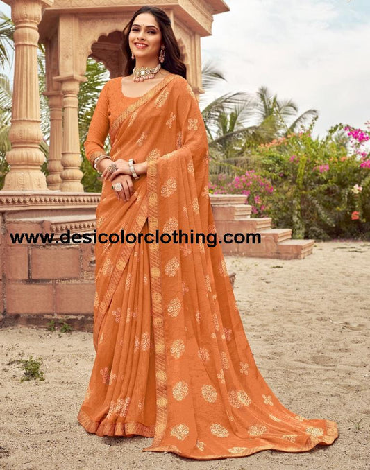 Orange Chiffon Printed Saree