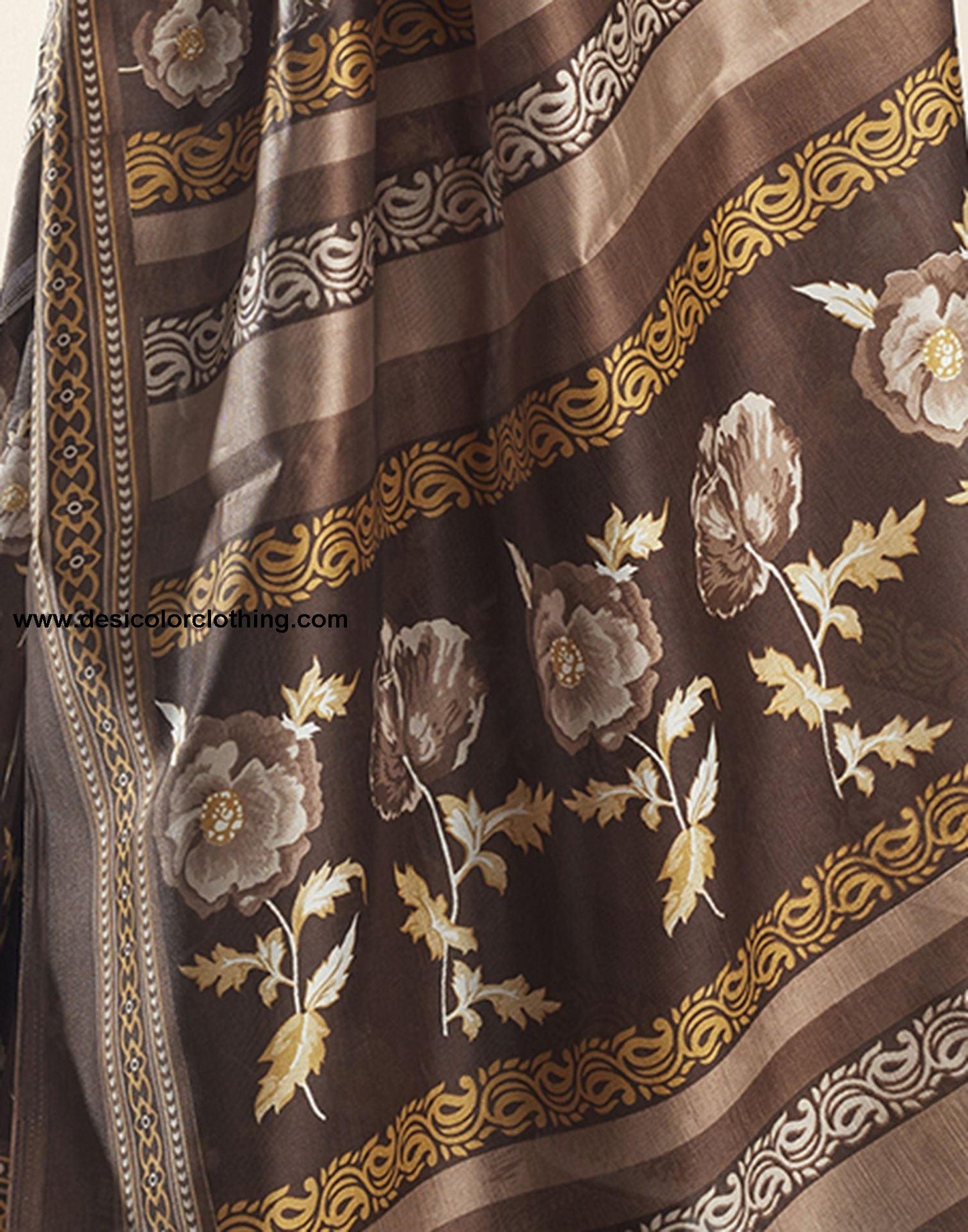 Dark Brown Printed Silk Saree